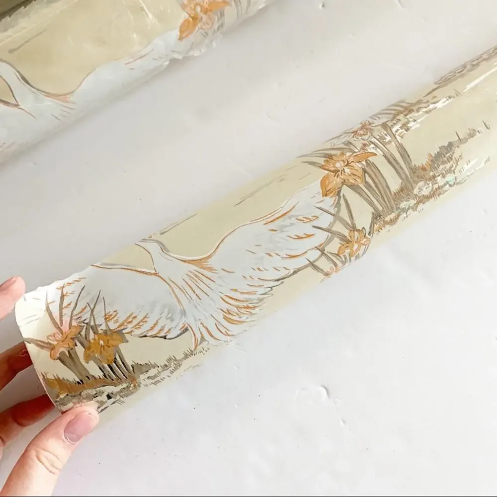 Vintage Beige Gold Crane Fabric Backed Vinyl Wallcovering SEALED x1